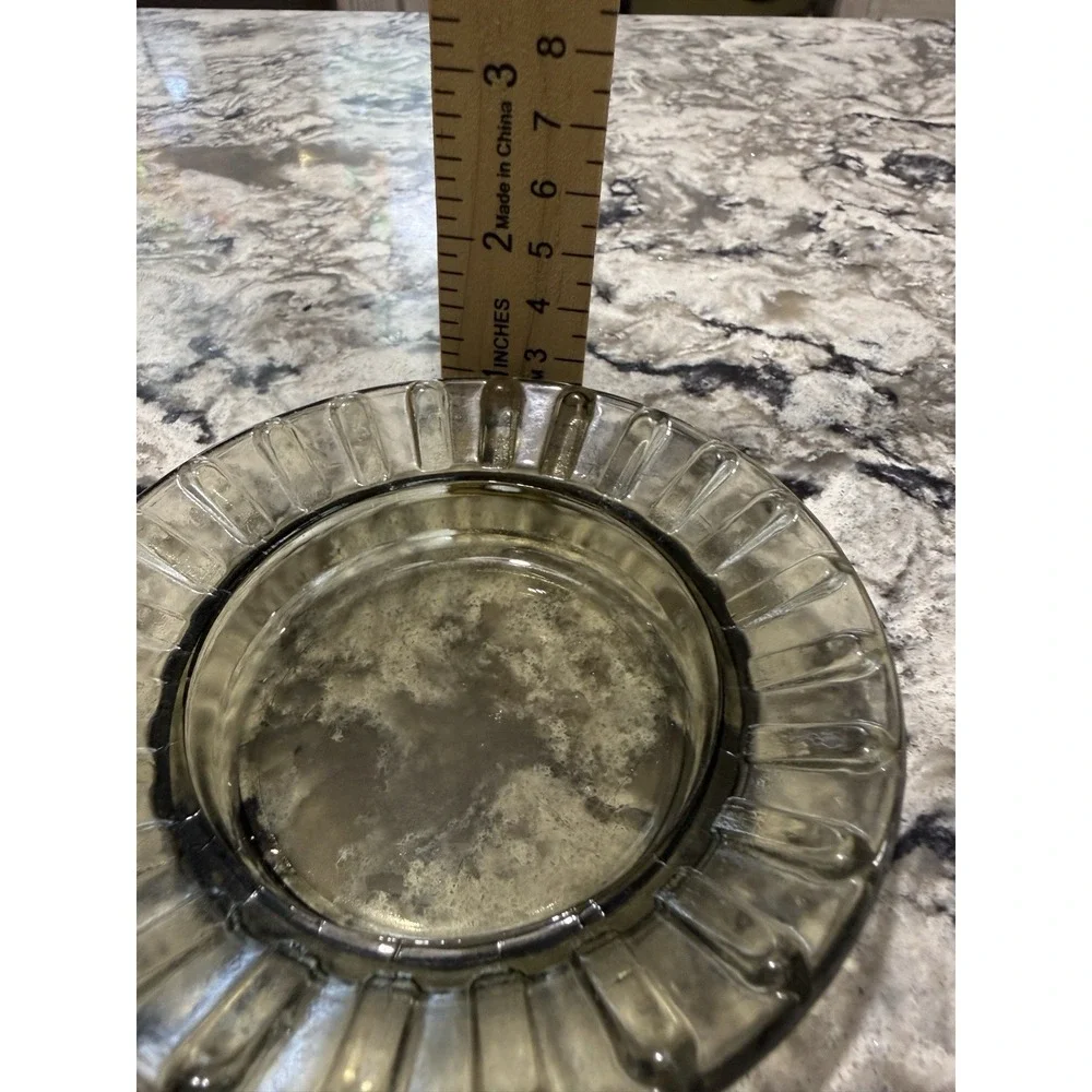 Vintage Smoky Gray Glass Ashtray Ribbed Rim Design Round Dish 4.5 Inch